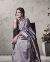Indiehaat | Zari Banarasi Tissue Semi Silk Saree Purple