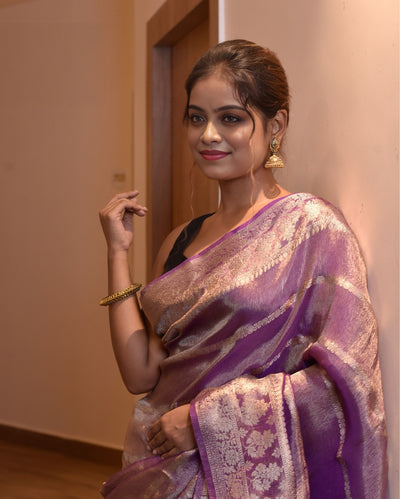 Indiehaat | Zari Banarasi Tissue Semi Silk Saree Purple