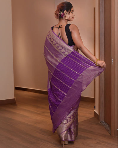 Indiehaat | Zari Banarasi Tissue Semi Silk Saree Purple