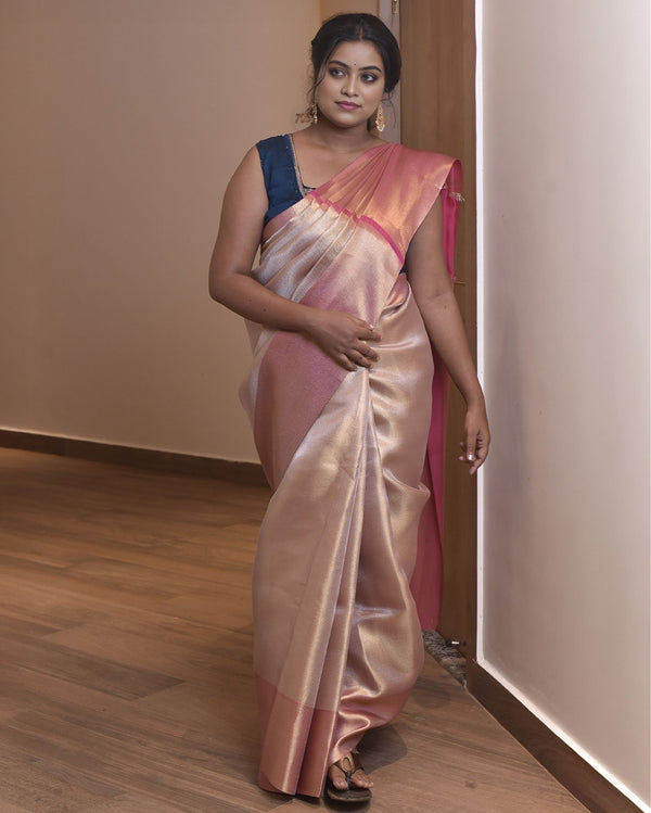 Indiehaat | Zari Banarasi Tissue Semi Silk Saree Champagne