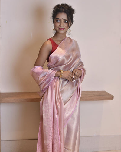 Indiehaat | Zari Banarasi Tissue Semi Silk Saree Pink