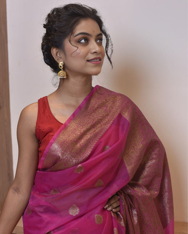 Indiehaat | Zari Banarasi Tissue Semi Silk Saree Pink
