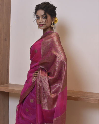 Indiehaat | Zari Banarasi Tissue Semi Silk Saree Pink