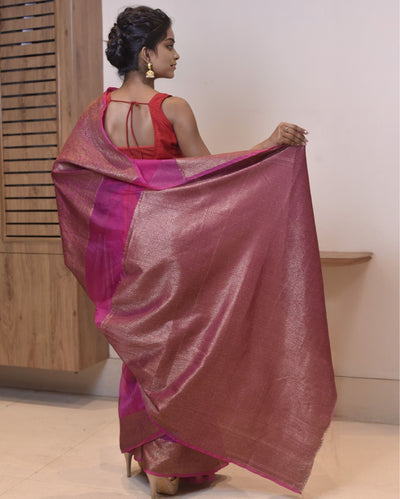 Indiehaat | Zari Banarasi Tissue Semi Silk Saree Pink