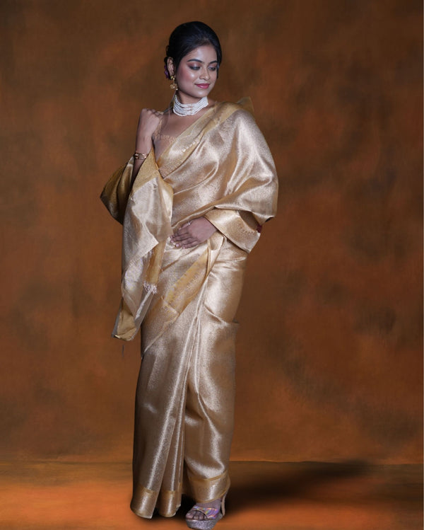Indiehaat | Zari Banarasi Tissue Semi Silk Saree Gold