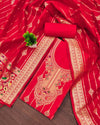 Indiehaat | Banarasi Cotton Thread Work Suit Red
