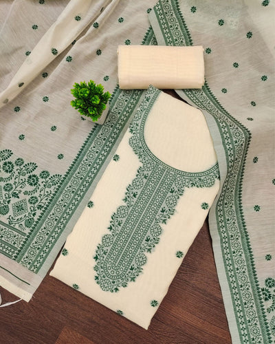 Indiehaat | Banarasi Cotton Thread Work Suit Cream & Green