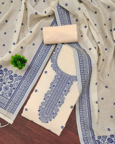 Indiehaat | Banarasi Cotton Thread Work Suit Cream & Blue