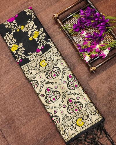 Indiehaat | Banarasi Brocade Lichi Silk Dupatta Black