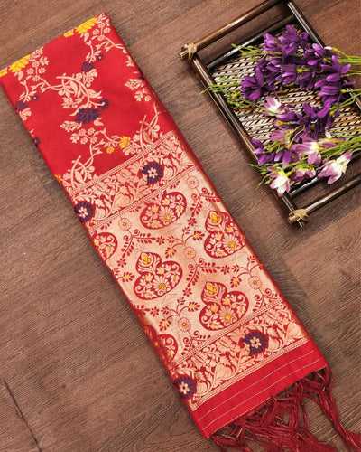 Indiehaat | Banarasi Brocade Lichi Silk Dupatta Red