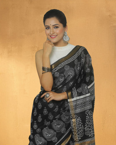 Indiehaat | Katan Silk Block Print Black Saree