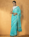 Indiehaat | Katan Silk Block Print Blue Saree