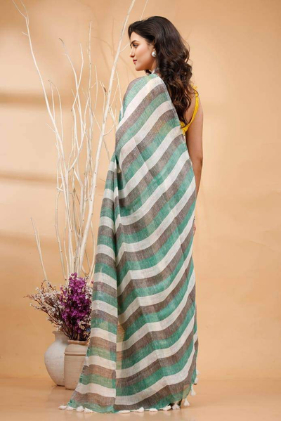 Indiehaat | Hand Dyed Linen Saree Green
