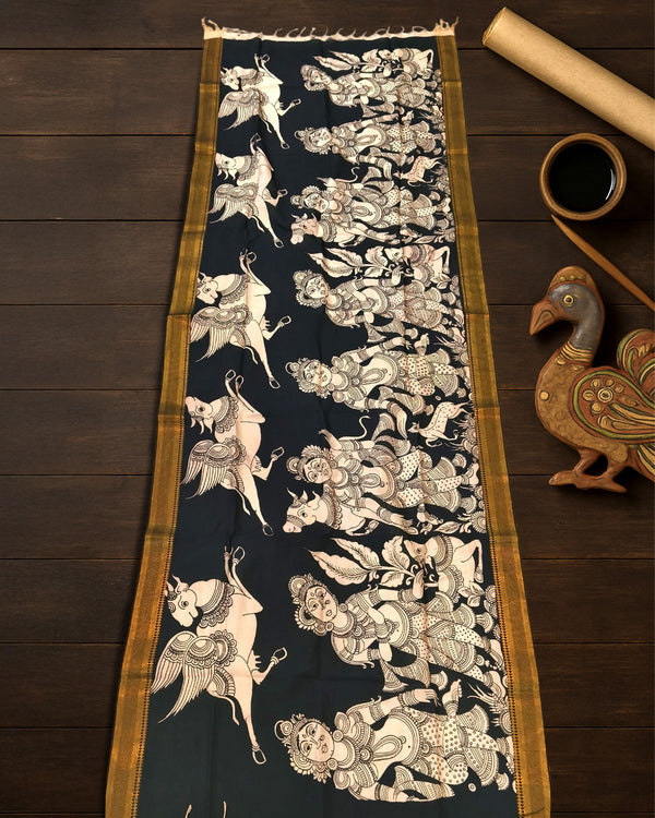 Indiehaat | Mangalagiri Handpainted Dupatta Black & White