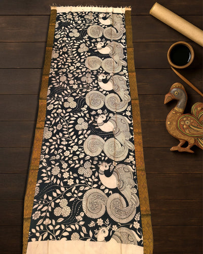 Indiehaat | Mangalagiri Handpainted Dupatta Black & White