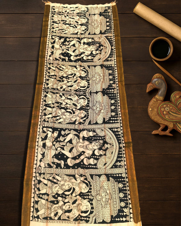 Indiehaat | Mangalagiri Handpainted Dupatta Black & White