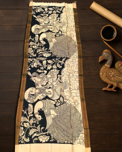 Indiehaat | Mangalagiri Handpainted Dupatta Black & White