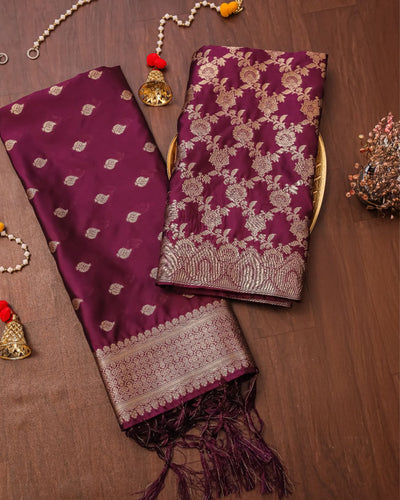 Indiehaat | Banarasi Brocade Weaving Lichi Silk Suit Maroon