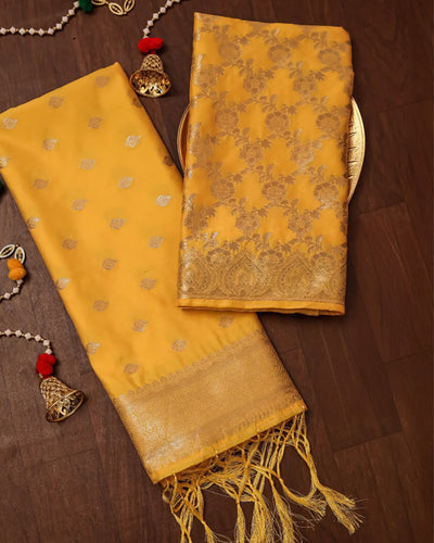 Indiehaat | Banarasi Brocade Weaving Lichi Silk Suit Yellow