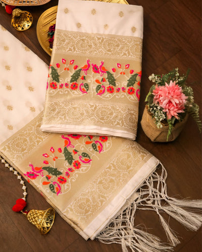 Indiehaat | Banarasi Lichi Silk Brocade Dupatta Cream