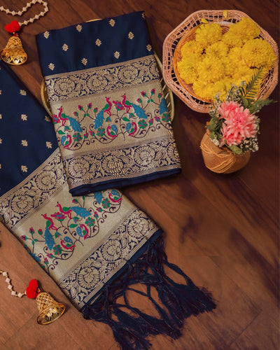 Indiehaat | Banarasi Lichi Silk Brocade Dupatta Blue