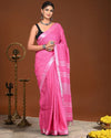 Indiehaat | Linen Hand Dyed Strped Pallu Saree Pink