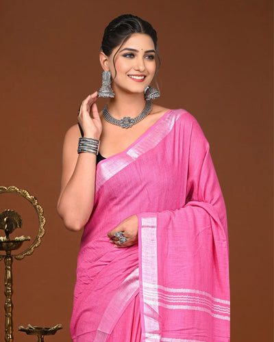 Indiehaat | Linen Hand Dyed Strped Pallu Saree Pink
