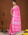 Indiehaat | Linen Hand Dyed Strped Pallu Saree Pink