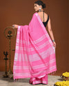 Indiehaat | Linen Hand Dyed Strped Pallu Saree Pink