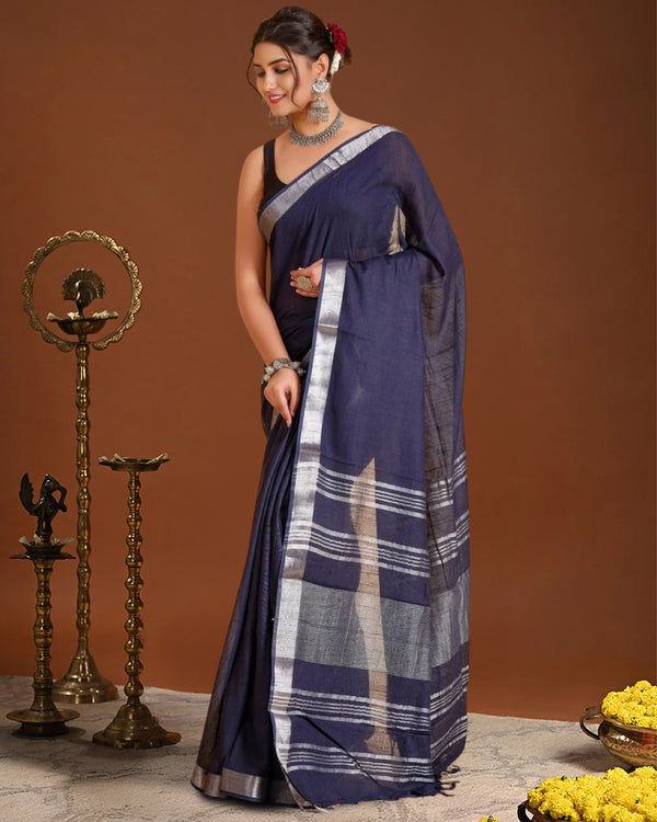 Indiehaat | Linen Hand Dyed Strped Pallu Saree Blue