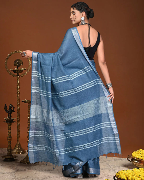 Indiehaat | Linen Hand Dyed Strped Pallu Saree Blue