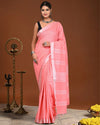 Indiehaat | Linen Hand Dyed Strped Pallu Saree Pink