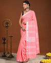Indiehaat | Linen Hand Dyed Strped Pallu Saree Pink