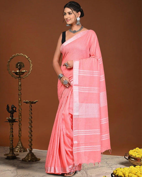 Indiehaat | Linen Hand Dyed Strped Pallu Saree Pink