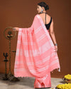 Indiehaat | Linen Hand Dyed Strped Pallu Saree Pink