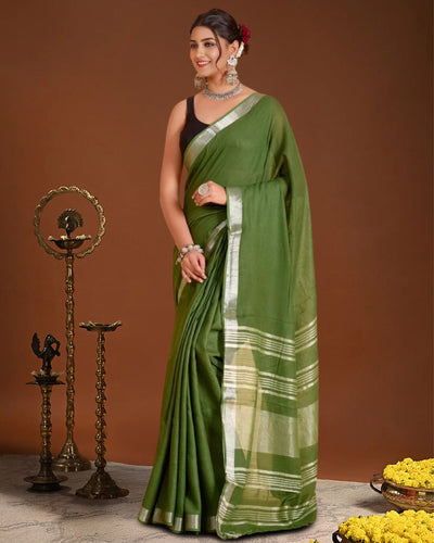Indiehaat | Linen Hand Dyed Strped Pallu Saree Green