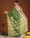 Indiehaat | Linen Hand Dyed Strped Pallu Saree Green