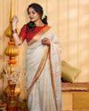Indiehaat | Pure Linen Zari Weaving White Saree