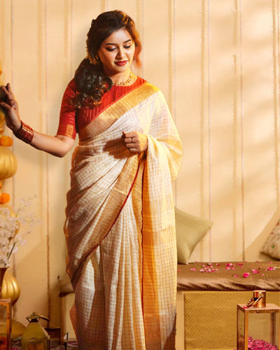 Indiehaat | Pure Linen Zari Weaving White Saree