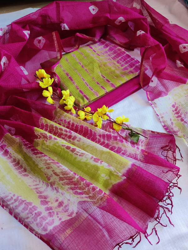 Indiehaat | Kota Cotton Shibori Suit Set Green & Pink