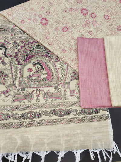 Indiehaat | Khadi Cotton Madhubani Suit Beige & Pink