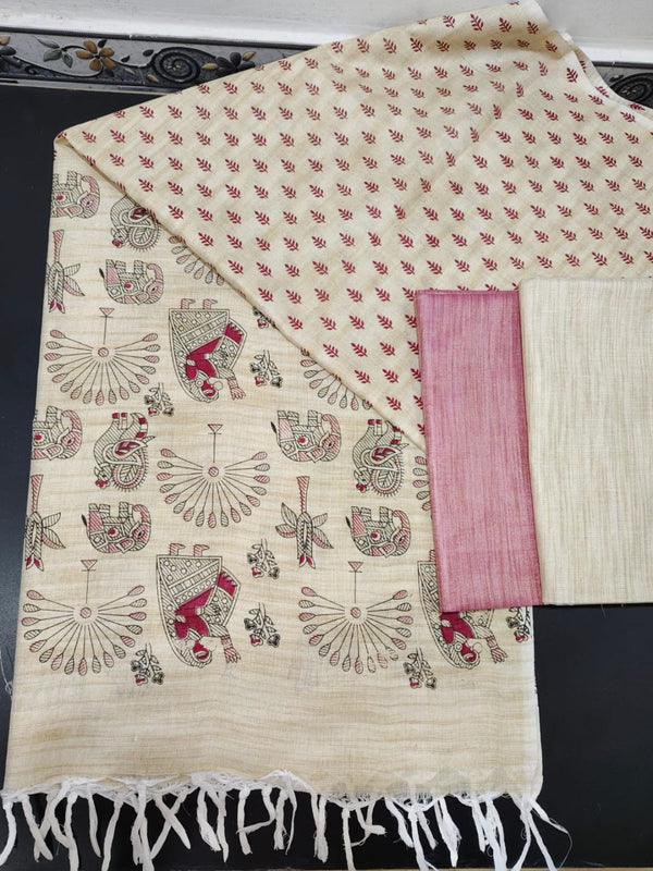 Indiehaat | Khadi Cotton Madhubani Suit Beige & Pink