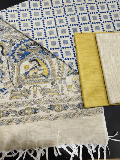 Indiehaat | Khadi Cotton Madhubani Suit Beige & Yellow