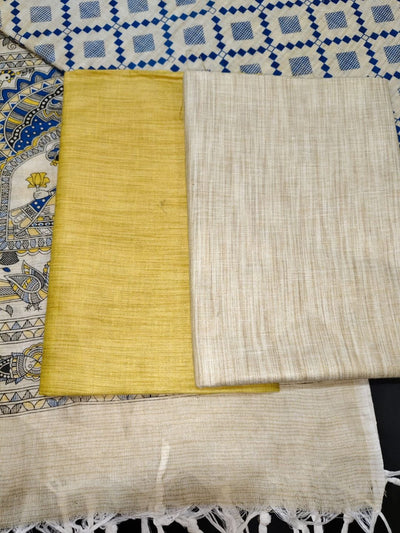 Indiehaat | Khadi Cotton Madhubani Suit Beige & Yellow