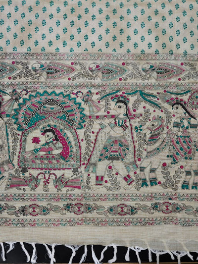 Indiehaat | Khadi Cotton Madhubani Suit Beige & Green