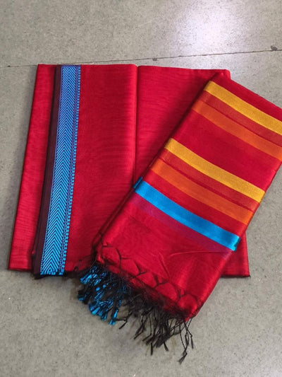 Indiehaat | Maheshwari Silk Cotton Border Suit Red