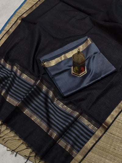 Indiehaat | Maheshwari Silk Zari Border Suit Gray & Black