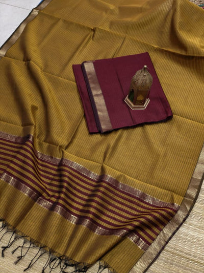 Indiehaat | Maheshwari Silk Zari Border Suit Red & Yellow