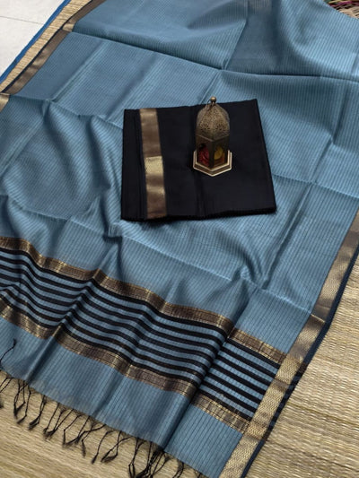 Indiehaat | Maheshwari Silk Zari Border Suit Blue & Black