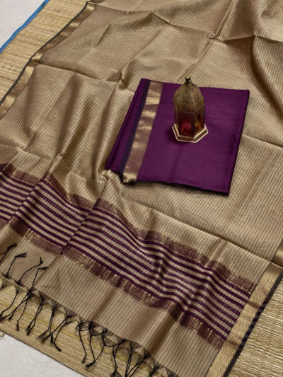 Indiehaat | Maheshwari Silk Zari Border Suit Purple & Beige